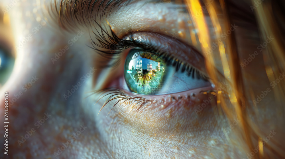 Female eye close up with smart contact lens with digital and bio-metric implants to scanning the ocular retina. Future concept and hi tech technology for computer scans of face identification
