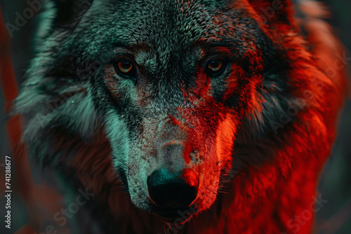 wolf with red streak, in the style of dark and dramatic 