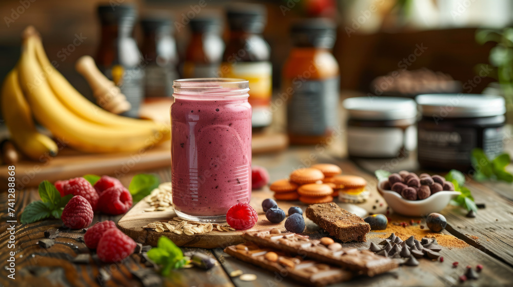 A vibrant smoothie in a glass jar surrounded by an assortment of fresh fruits, nuts, chocolate, and jars of spreads on a rustic wooden table. A vibrant smoothie in a glass jar surrounded by an assortment of fresh fruits, nuts, chocolate, and jars of spreads on a rustic wooden table.