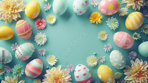 Easter celebration, pastel Easter eggs, turquoise background, spring decoration, festive Easter, Easter egg patterns, colorful eggs, Easter traditions, Easter photography, decorative egg array, egg hu photo