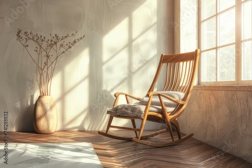 A wooden rocking chair gracing a room, perfect for enhancing home decor or interior design projects.