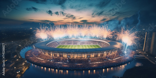 A large modern football stadium with fireworks.