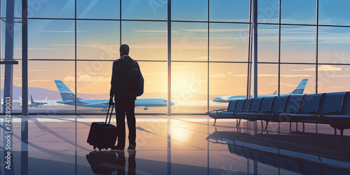 A silluet of man waitting n the terminal airport with sunshine and airplane . photo