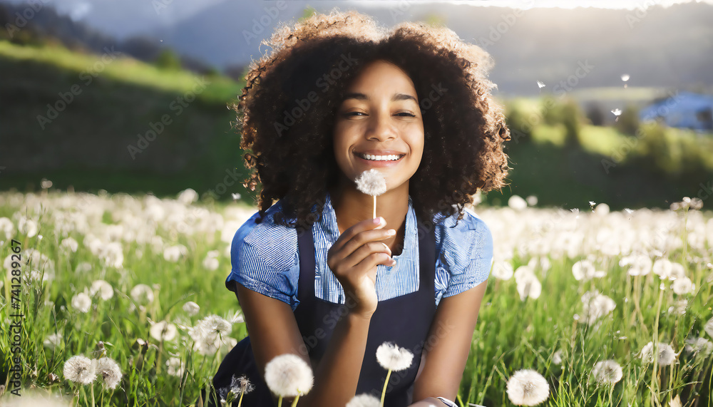 Beautiful Young Woman sitting on the field in green grass and blowing dandelion. Outdoors. Enjoy Nature. Healthy Smiling Girl on summer lawn. Allergy free concept. Gorgeous slim mixed race Caucasian - obrazy, fototapety, plakaty 
