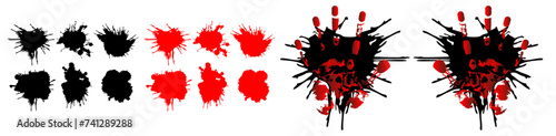 Blood spatters realistic bloodstains patterns set of smears splashes drippings drops and handprint on white background vector illustration