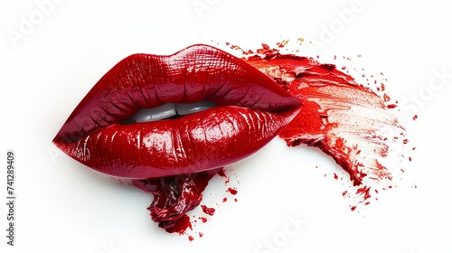 Red lipstick smudged and isolated on a white background