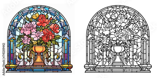 Stained Glass Wedding Bouquet with Presents Coloring Page Vector Art