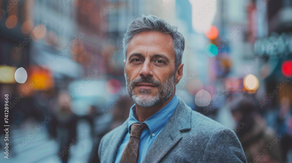 Confident mature man in a stylish suit stands on a bustling city street, with a blurred background accentuating his sharp look. Confident mature man in a stylish suit stands on a bustling city street, with a blurred background accentuating his sharp look.