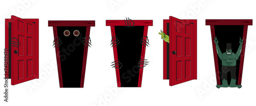 Red scary Door set isolated on white background. Collection Open Red Door with Devil Hand. Vector illustration can used Halloween concept design. EPS 10 Editable stroke.