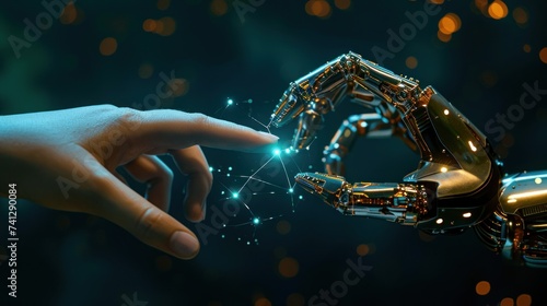 Human and Robot Hand Reaching Out to Each Other With Digital Connections