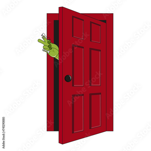Red scary Door isolated on white background. Open Red Door with Devil Hand. Vector illustration can used Halloween concept design. EPS 10 Editable stroke.