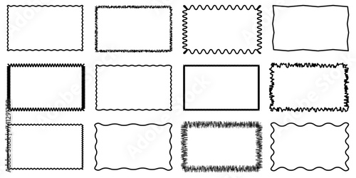 Rectangle Geometric shape frame with wavy edges. Zigzag Wavy Edge rectangle shapes elements set. Vector wavy undalute badge for stickers, banner, social media template, poster,decoration. Vector frame © Elen