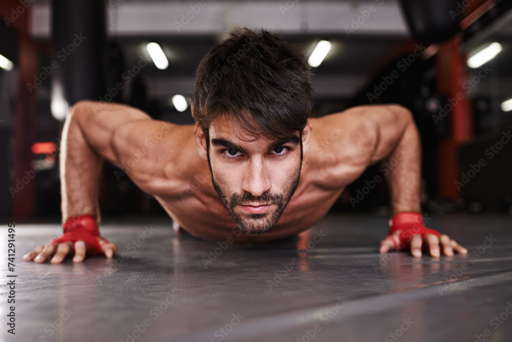Man, portrait and push up or fitness in gym, athlete and topless for exercise and workout. Male person, body builder and performance for challenge or practice, training and serious for competition Man, portrait and push up or fitness in gym, athlete and topless for exercise and workout. Male person, body builder and performance for challenge or practice, training and serious for competition