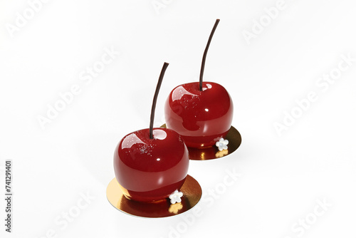 Two cherry-shaped desserts with red glaze and chocolate stems