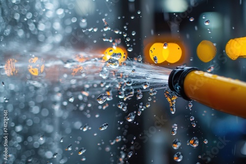 A close-up view of a window being cleaned with a water fed pole, showing soap suds and water cascading down the glass. photo