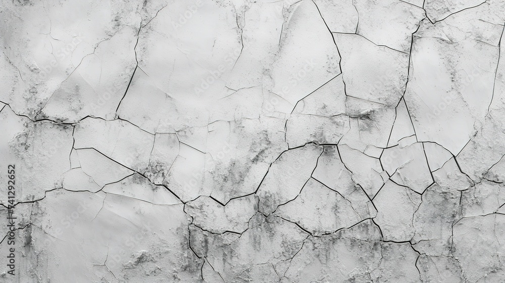 a close-up of a white wall with a network of deep cracks. The paint is weathered and distressed, with some areas peeling or chipping away. The overall texture is rough and uneven, creating a grungy an a close-up of a white wall with a network of deep cracks. The paint is weathered and distressed, with some areas peeling or chipping away. The overall texture is rough and uneven, creating a grungy an