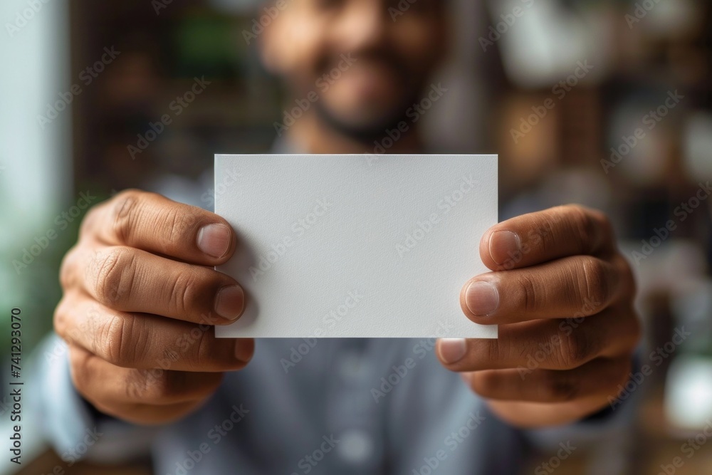 Smiling Businessman Presenting Blank Business Card in Office Environment Smiling Businessman Presenting Blank Business Card in Office Environment