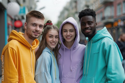 Four pals wearing coordinated hoodies. Generative Ai.