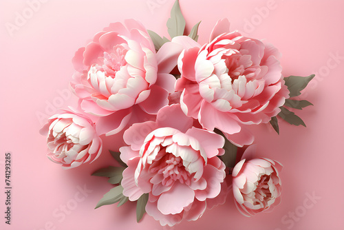 Close-up of a delicate pink open peony bud on a pink background, generated by AI. 3D illustration