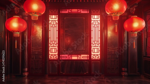 中国風の装飾が施された壁と赤く光るランタン
