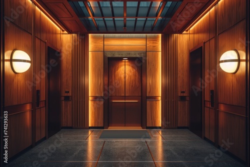 Vintage-Style Elevator Interior With Wooden Panels and Dim Lighting