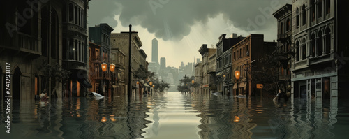 Extreme rainfall in dark city.  Flood with high water disaster. climate theme © amazingfotommm
