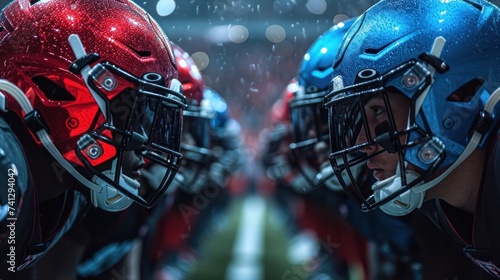 Two teams of men in football helmets stand face to face. Rivalry concept © photolas