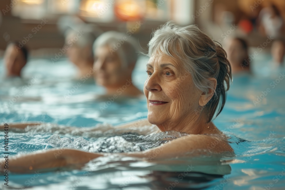 Seniors that are content perform water aerobics. Generative Ai.