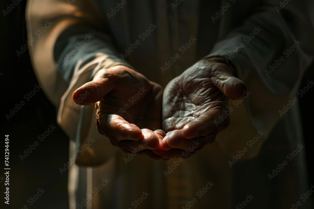 Hands of a priest consecrated with the body of Christ while sharing it with communicants