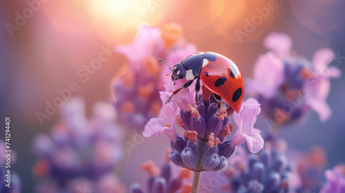 Ladybug on lavender flowers. Nature background.    