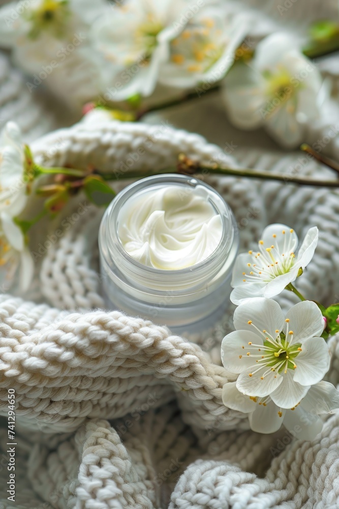Creamy face cream in jar with blooming branches on knitted background