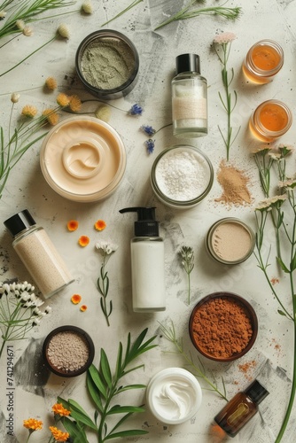 Flat lay composition with cosmetic products on light background. Beauty concept