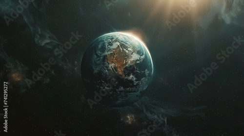 Environmental planet orbit, Against the backdrop of space, a fragile planet drifts in its celestial dance, surrounded by cosmic dust and twinkling constellations