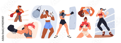 Woman boxing set. Female boxers at box workout, sport training. Strong girls fighters exercising in gloves, punching, hitting bag. Flat graphic vector illustrations isolated on white background