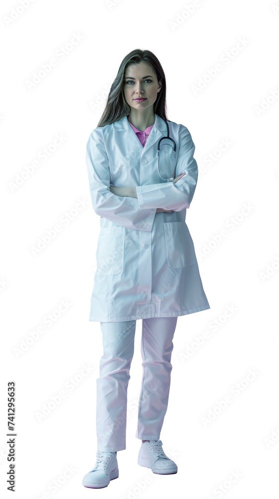 Isolated on white Background, transparent: Radiant Empowerment: Captivating Female Doctor Exuding Confidence in Full Body Pose Isolated on white Background, transparent: Radiant Empowerment: Captivating Female Doctor Exuding Confidence in Full Body Pose