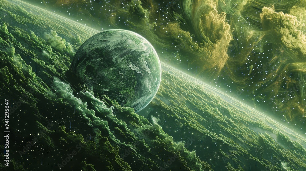 Environmental planet orbit, Amidst the cosmos, a verdant planet orbits gracefully, enveloped by swirling clouds and distant stars