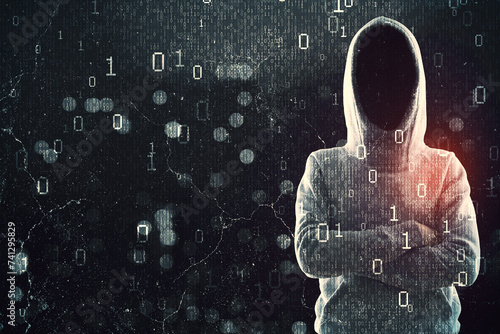 Fototapeta Naklejka Na Ścianę i Meble -  Hacker in hoodie with folded arms standing on abstract dark hacking background with bokeh circles and binary coding. Malware and phishing, data theft concept.