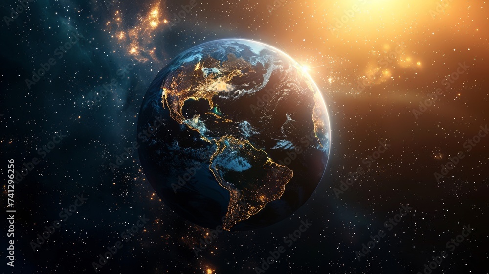 Environmental planet orbit, In the vastness of space, a resilient planet orbits gracefully, surrounded by shimmering starlight and celestial majesty Environmental planet orbit, In the vastness of space, a resilient planet orbits gracefully, surrounded by shimmering starlight and celestial majesty