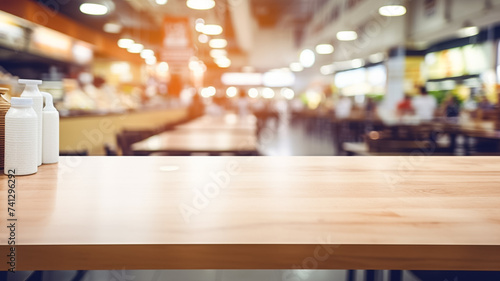 Foodcourt or food court interior blurred background. Restaurant or canteen with table. Include empty wooden counter or desk for product display.