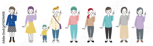 指差しポーズをしている様々な年齢層の女性の全身イラスト