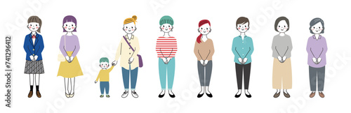 両手を前に組んで礼儀正しくたっている様々な年齢層の女性の全身イラスト