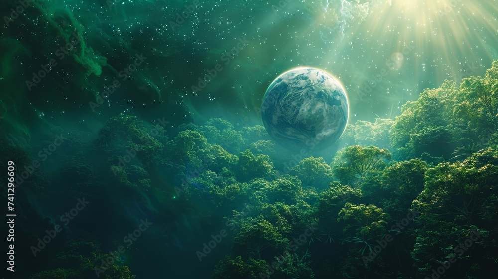 Environmental planet orbit, Through the cosmic veil, a lush planet orbits peacefully, adorned with verdant forests and celestial serenity Environmental planet orbit, Through the cosmic veil, a lush planet orbits peacefully, adorned with verdant forests and celestial serenity