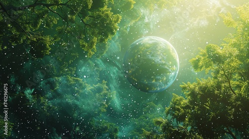 Environmental planet orbit, Through the cosmic veil, a lush planet orbits peacefully, adorned with verdant forests and celestial serenity