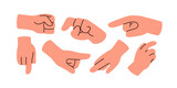Fingers pointing, pushing, showing, pressing. Hand gestures set. Forefinger indicating, touching, clicking, guiding, directing. Flat graphic vector illustrations isolated on white background