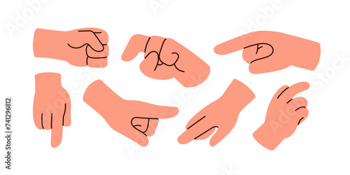 Fingers pointing, pushing, showing, pressing. Hand gestures set. Forefinger indicating, touching, clicking, guiding, directing. Flat graphic vector illustrations isolated on white background