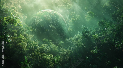Environmental planet orbit, Through the cosmic veil, a lush planet orbits peacefully, adorned with verdant forests and celestial serenity © MAY