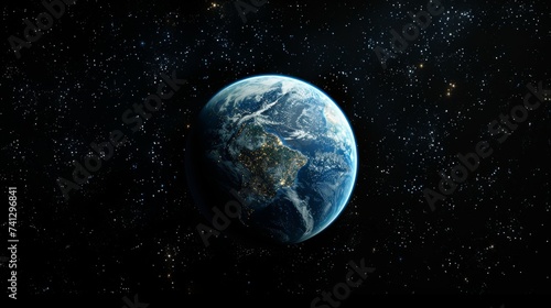 Environmental planet orbit, Through the depths of space, a delicate planet orbits peacefully, surrounded by shimmering stardust and distant galaxies