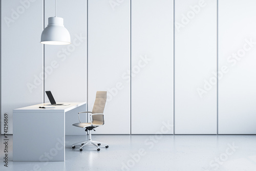 Sleek office interior with white desk, chair, and pendant lamp. Corporate design. 3D Rendering