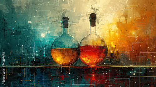 Abstract chemical research lab with spherical flasks and digital analysis overlays, futuristic science