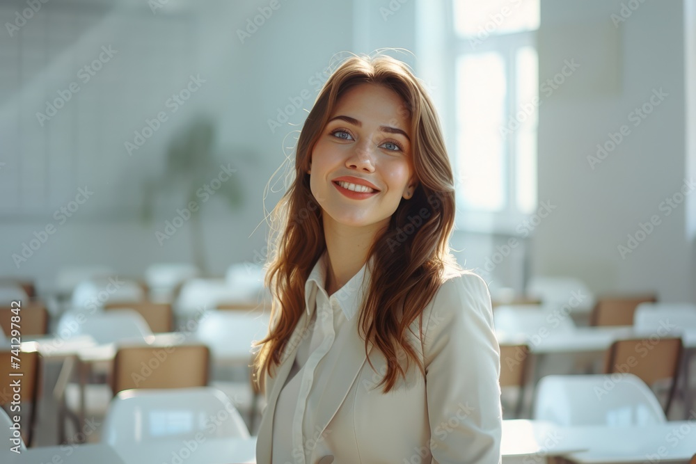 Smiling woman in bright office, professional, approachable